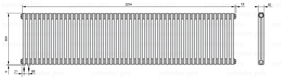 Схема (чертеж) Радиатор Zehnder Charleston 2090/49 №3370 Белый глянцевый RAL 9016